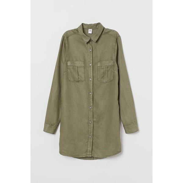 H&M Długa koszula dżinsowa 0301656028 Zieleń khaki