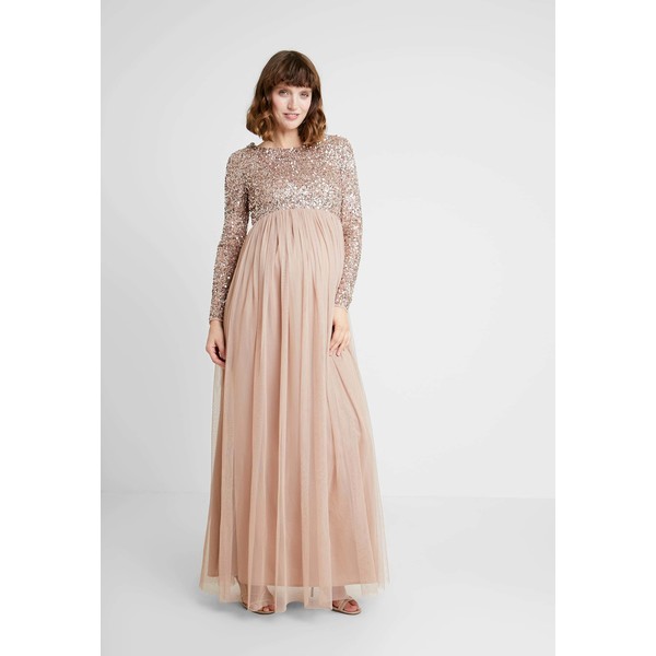 Maya Deluxe Maternity LONG SLEEVE DELICATE SEQUIN MAXI DRESS WITH SKIRT Suknia balowa taupe blush M5E29F008