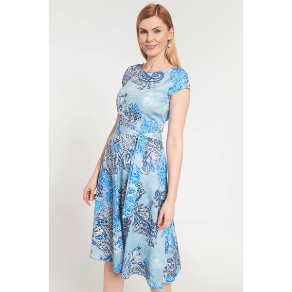 Quiosque Niebieska wiązana rozkloszowana sukienka ze wzorem w liście 4JA001851