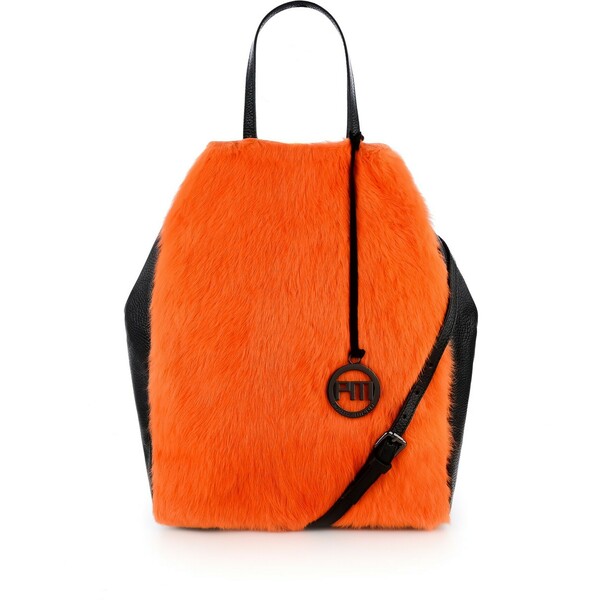 Primamoda Czarna torebka shopper bag ze skóry licowej z pomarańczowym futerkiem SALORNO 1H-0060L CERVO/LAP.ARANCIO