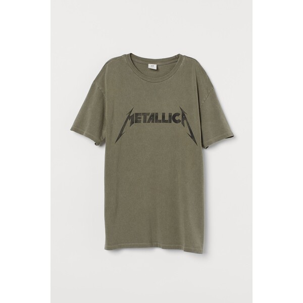 H&M Obszerny T-shirt z nadrukiem - Okrągły dekolt - Krótki rekaw - 0762558221 Zieleń khaki/Metallica