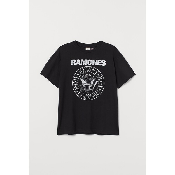 H&M Obszerny T-shirt z nadrukiem - Okrągły dekolt - Krótki rekaw - 0762558221 Czarny/Ramones