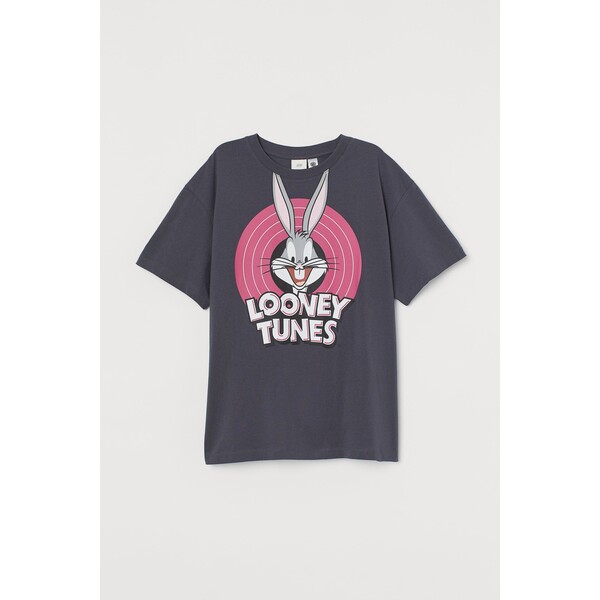 H&M Obszerny T-shirt z nadrukiem - Okrągły dekolt - Krótki rekaw - 0762558076 Ciemnoszary/Zwariowane melodie