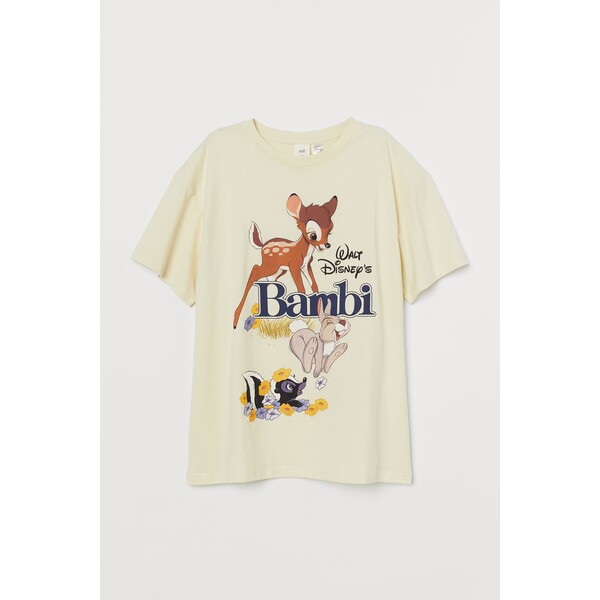 H&M Obszerny T-shirt z nadrukiem - Okrągły dekolt - Krótki rekaw - 0762558076 Jasnożółty/Bambi