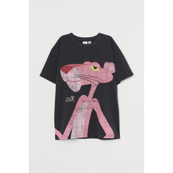 H&M Obszerny T-shirt z nadrukiem - Okrągły dekolt - Krótki rekaw - 0762558221 Черный/Różowa Pantera