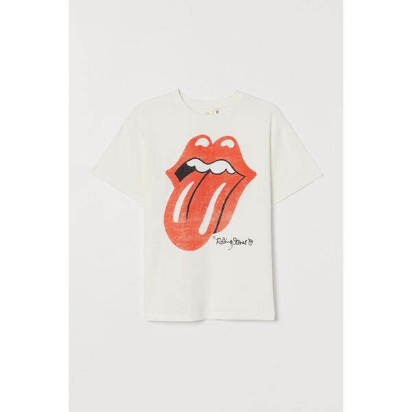 H&M Obszerny T-shirt z nadrukiem - Okrągły dekolt - Krótki rekaw - 0762558221 Naturalna biel/Rolling Stones