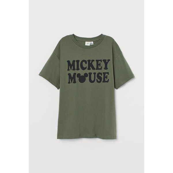 H&M Obszerny T-shirt z nadrukiem - 0762558252 Ciemna ziel. khaki/Myszka Miki
