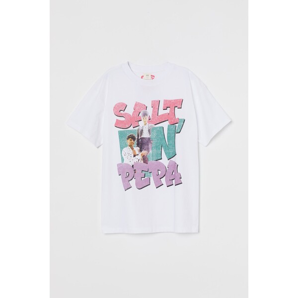 H&M Obszerny T-shirt z nadrukiem - Okrągły dekolt - Krótki rekaw - 0762558076 Biały/Salt-N-Pepa