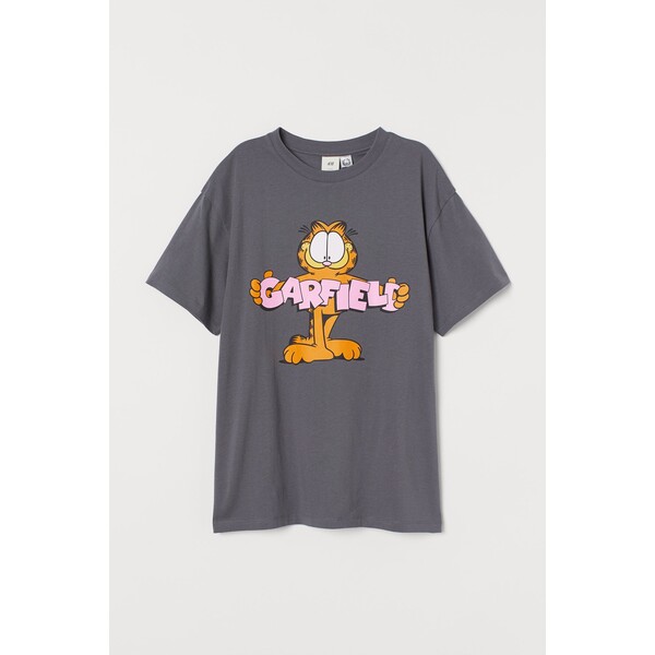 H&M Obszerny T-shirt z nadrukiem - Okrągły dekolt - Krótki rekaw - 0762558076 Ciemnoszary/Garfield