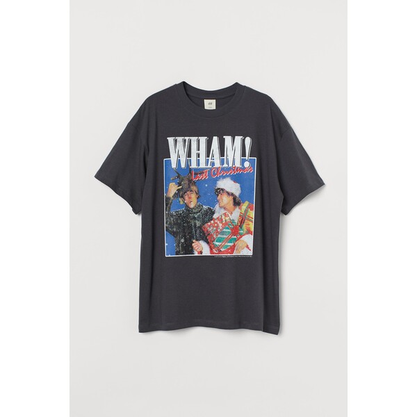 H&M Obszerny T-shirt z nadrukiem - Okrągły dekolt - Krótki rekaw - 0762558221 Ciemnoszary/Wham!