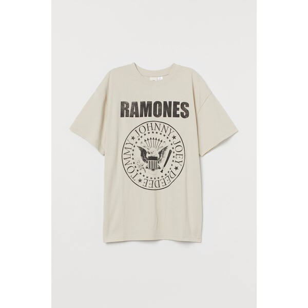 H&M Obszerny T-shirt z nadrukiem - Okrągły dekolt - Krótki rekaw - 0762558076 Jasnobeżowy/Ramones
