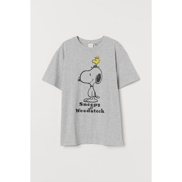 H&M Obszerny T-shirt z nadrukiem - Okrągły dekolt - Krótki rekaw - 0762558076 Jasnoszary melanż/Snoopy