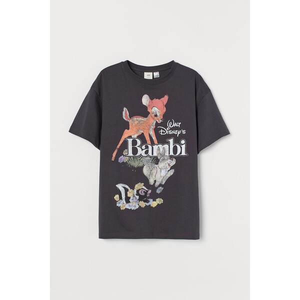 H&M Obszerny T-shirt z nadrukiem - 0762558311 Ciemnoszary/Bambi