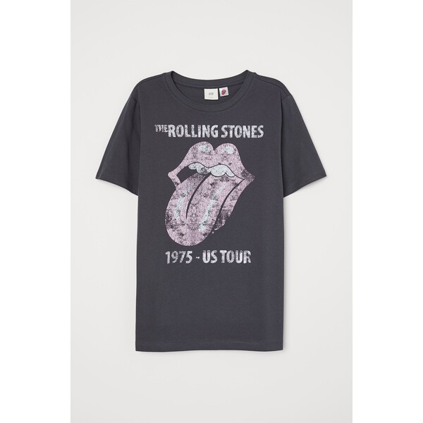 H&M T-shirt z motywem - Okrągły dekolt - Krótki rekaw - 0762470397 Ciemnoszary/The Rolling Stones