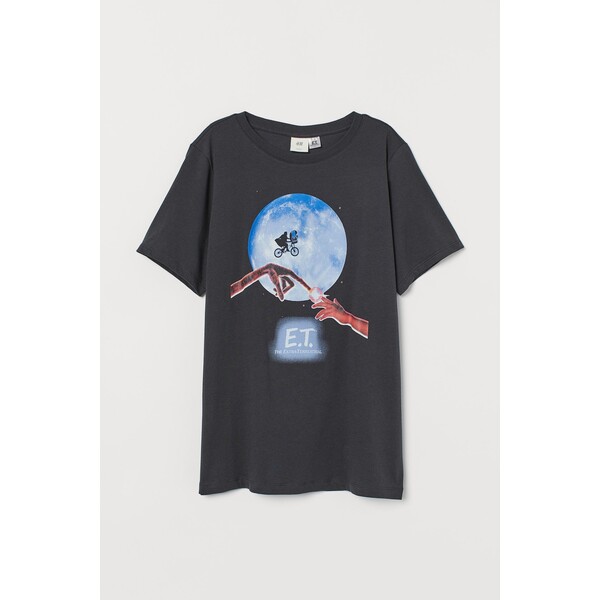 H&M T-shirt z motywem - Okrągły dekolt - Krótki rekaw - 0762470397 Ciemnoszary/E.T.
