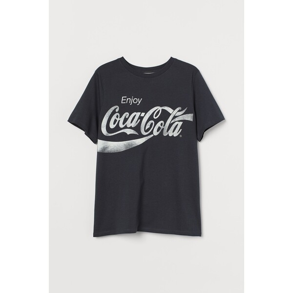 H&M T-shirt z motywem - Okrągły dekolt - Krótki rekaw - 0762470397 Ciemnoszary/Coca-Cola