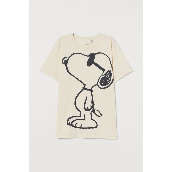 H&M T-shirt z motywem - Okrągły dekolt - Krótki rekaw - 0762470397 Naturalna biel/Snoopy