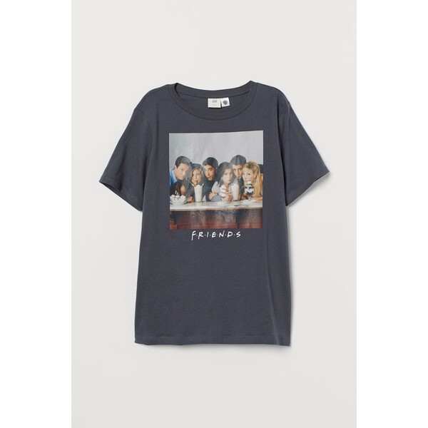 H&M T-shirt z motywem - Okrągły dekolt - Krótki rekaw - 0762470397 Ciemnoszary/Friends