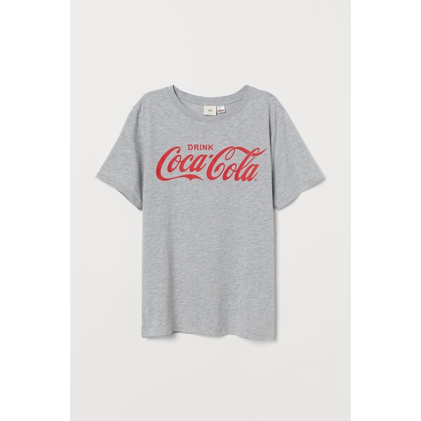 H&M T-shirt z motywem - Okrągły dekolt - Krótki rekaw - 0762470397 Jasnoszary melanż/Coca-Cola