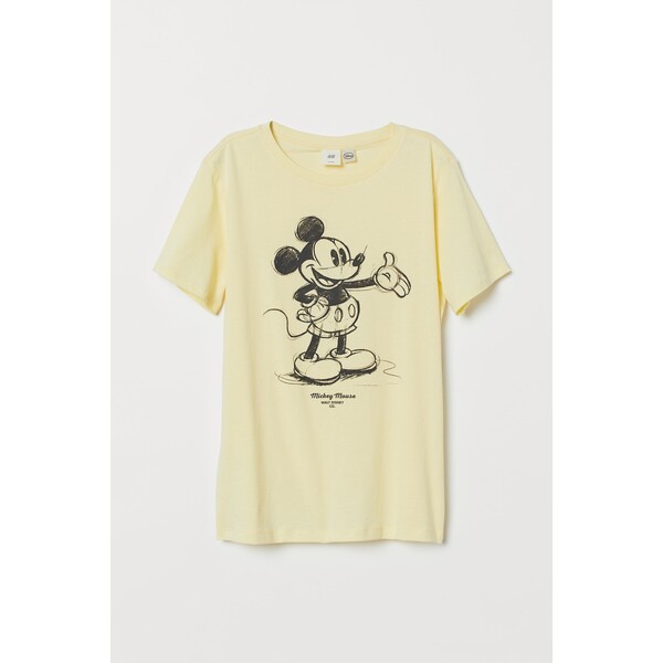 H&M T-shirt z motywem - Okrągły dekolt - Krótki rekaw - 0762470397 Jasnożółty/Myszka Miki