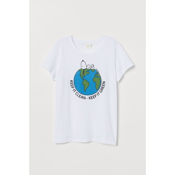 H&M T-shirt z motywem - Okrągły dekolt - Krótki rekaw - 0762470397 Biały/Snoopy