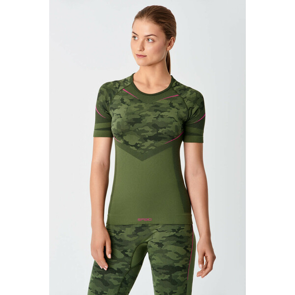 Spaio Koszulka Fitness Damska Krótki Rękaw Inforce Camouflage Zielona