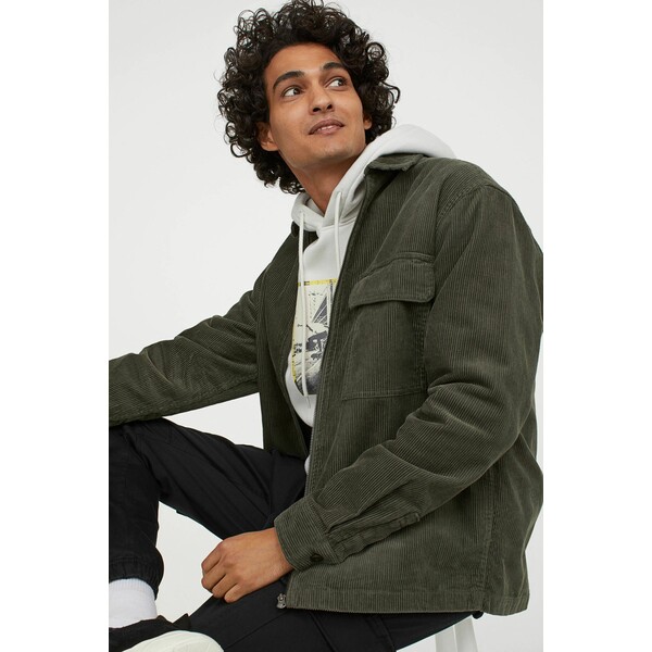 H&M Sztruksowa kurtka koszulowa 0961627002 Ciemna zieleń khaki
