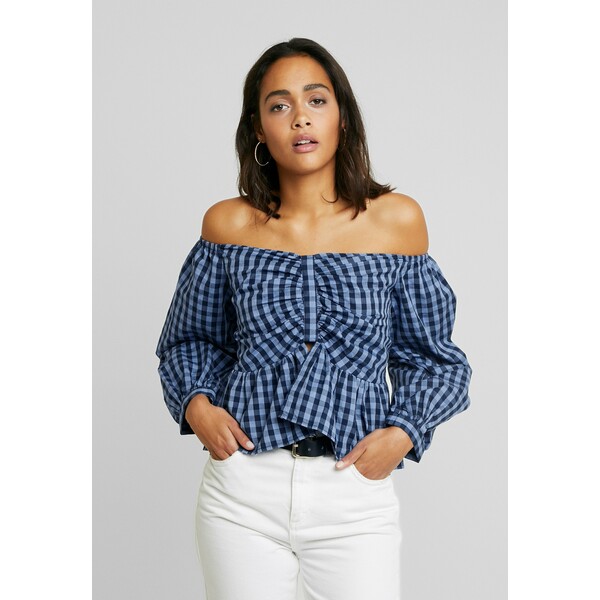 Lost Ink BARDOT IN GINGHAM WITH RUCHED FRONT Bluzka blue L0U21E06M
