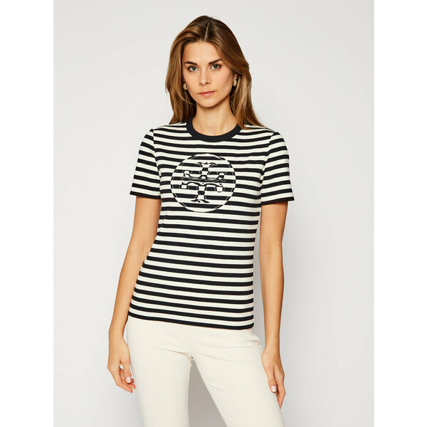 Tory Burch T-Shirt Striped Logo 63871 Kolorowy Regular Fit