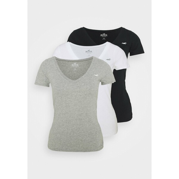 Hollister Co. SLIM 3 PACK T-shirt z nadrukiem white/grey/black H0421D0A5