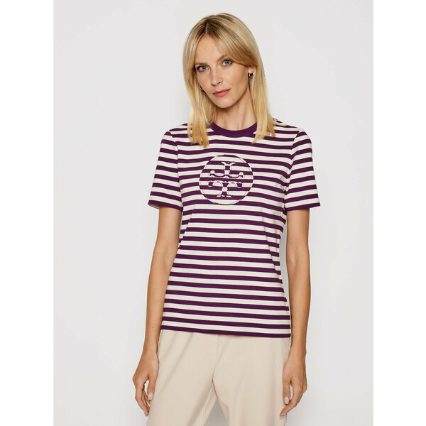 Tory Burch T-Shirt Striped Logo 63871 Fioletowy Regular Fit