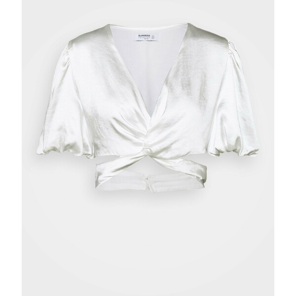Glamorous Petite TWIST FRONT CROP WITH CUT OUT DETAILS PUFF SHORT SLEEVES T-shirt z nadrukiem white GLB21E02I