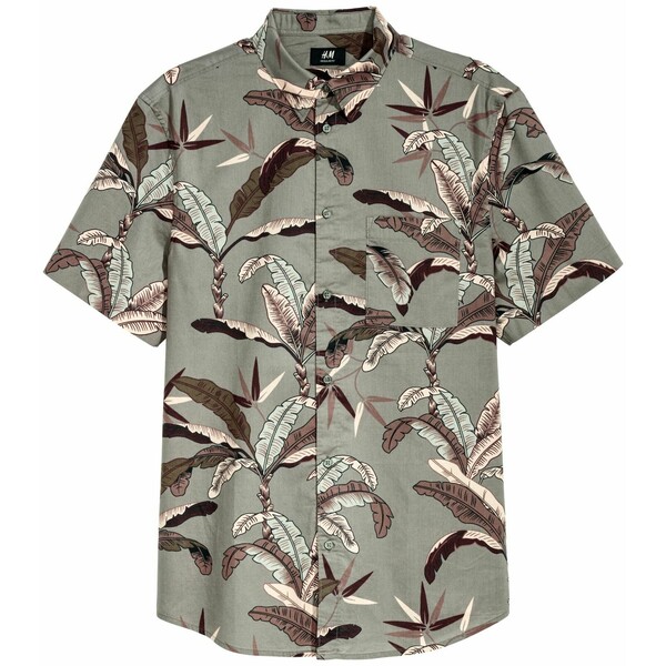 H&M Bawełniana koszula Regular Fit 0501620061 Zieleń khaki/Nadruk liści