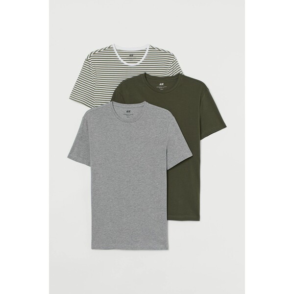 H&M T-shirt Slim Fit 3-pak 0578630046 Ciemna zieleń khaki/Paski