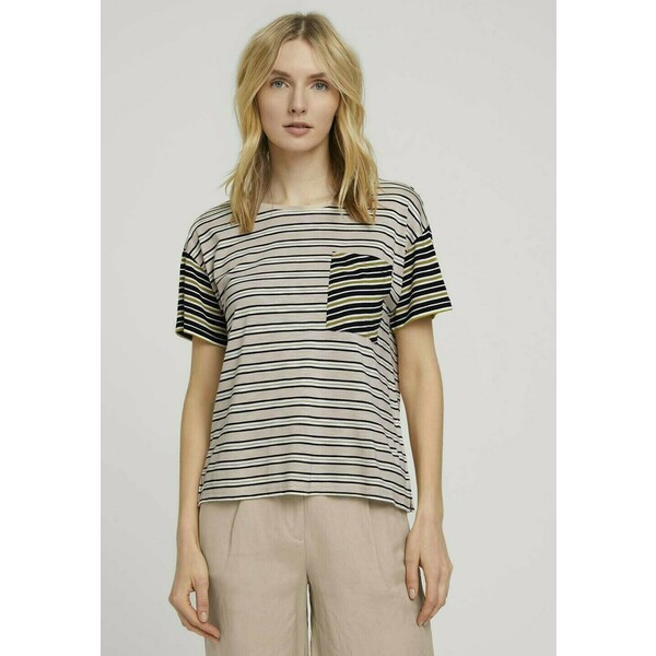 TOM TAILOR T-shirt z nadrukiem beige black offwhite stripe TO221D191