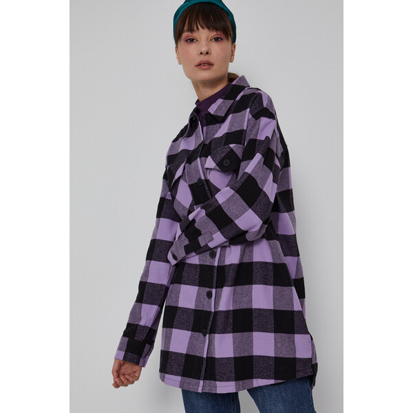 Medicine Bawełniana kurtka koszulowa damska z tkaniny w kratę fioletowa RW21-KDD406_45A