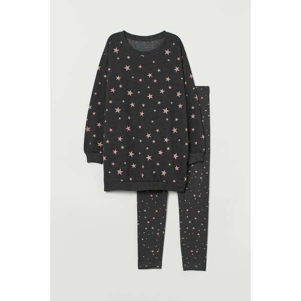 H&M Piżama z bluzą i legginsami - Okrągły dekolt - Długi rękaw - 0769814030 Ciemnoszary/Gwiazdy