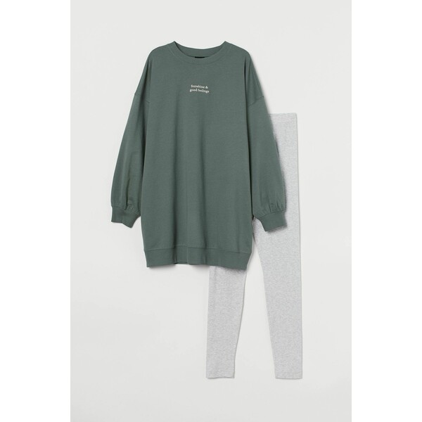 H&M Piżama z bluzą i legginsami - Okrągły dekolt - Długi rękaw - 0769814030 Zielony/Jasnoszary melanż