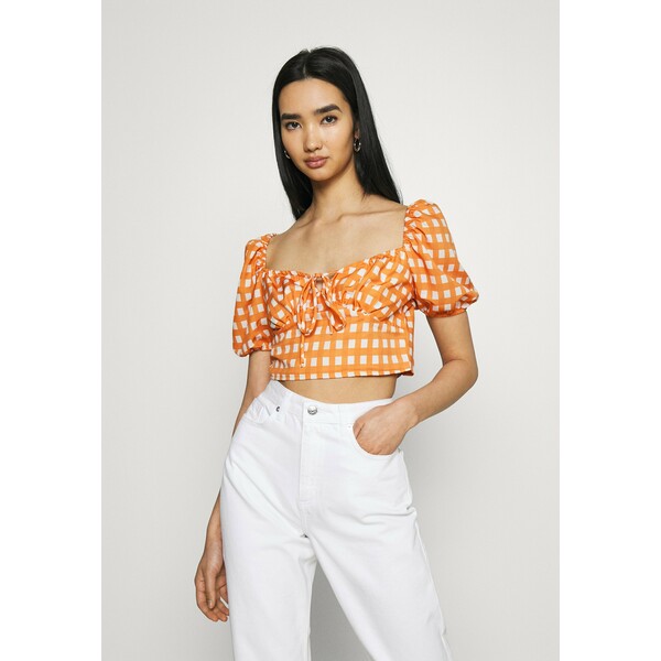 Glamorous MAYA RUCHED BUST CROP TOP WITH FRONT TIE DETAIL PUFF SHORT SLEEVES Bluzka rust gingham GL921E099