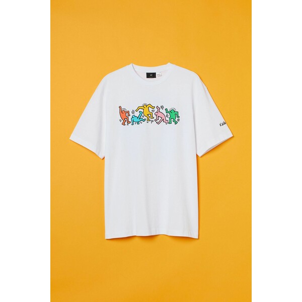 H&M T-shirt Loose Fit - Okrągły dekolt - Krótki rekaw - - ON 0972640074 Biały/Keith Haring