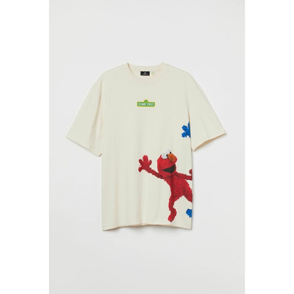 H&M T-shirt Loose Fit - Okrągły dekolt - Krótki rekaw - - ON 0972640074 Biały/Ulica Sezamkowa