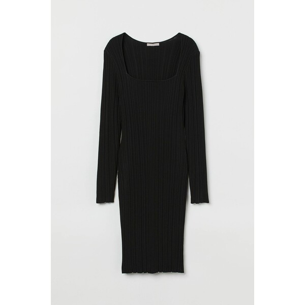 H&M Sukienka z dzianiny w prążki - Kwadratowy dekolt - Długi rękaw - -ONA 0998040003 Czarny