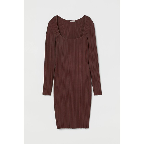 H&M Sukienka z dzianiny w prążki - Kwadratowy dekolt - Długi rękaw - -ONA 0998040003 Ciemny czerwonobrązowy