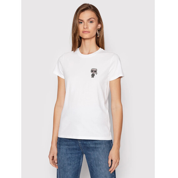 KARL LAGERFELD T-Shirt Ikonik Mini Rhinestone 216W1731 Biały Regular Fit