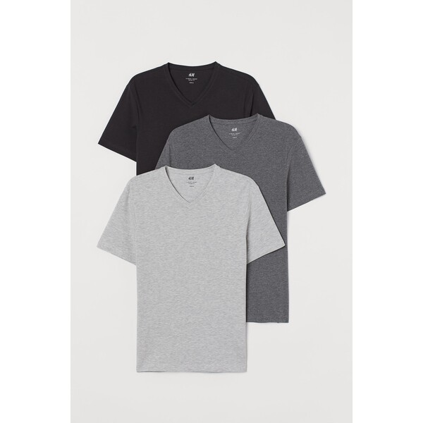 H&M T-shirt z dekoltem w serek Slim Fit 3-pak - - ON 0542533002 Czarny/Szary melanż