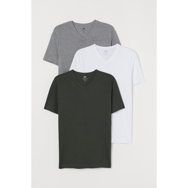H&M T-shirt z dekoltem w serek Slim Fit 3-pak - - ON 0542533002 Szary melanż/Biały/Ciemnoziel.