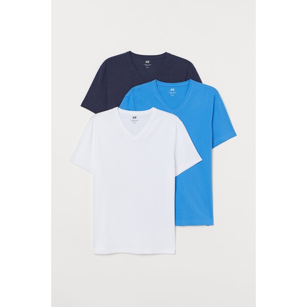 H&M T-shirt z dekoltem w serek Slim Fit 3-pak - - ON 0542533002 Ciemnonieb./Jasnonieb./Biały