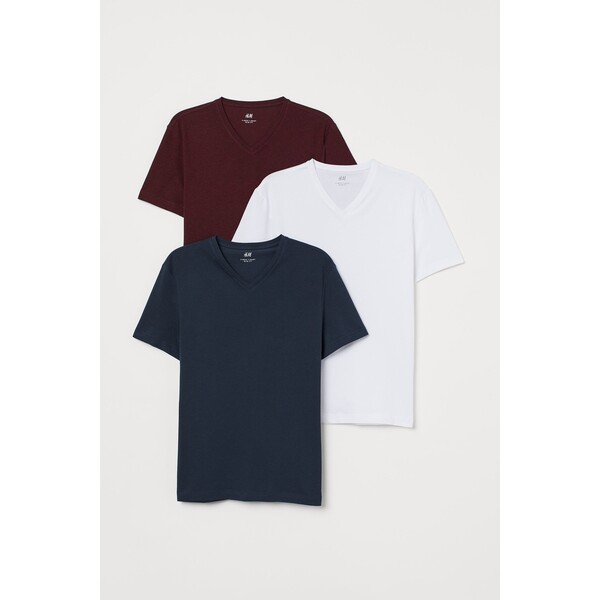 H&M T-shirt z dekoltem w serek Slim Fit 3-pak - - ON 0542533002 Burgundowy/Ciemnonieb./Biały