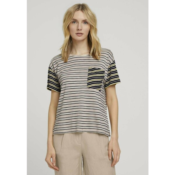 TOM TAILOR T-shirt z nadrukiem beige black offwhite stripe TO221D191-A11
