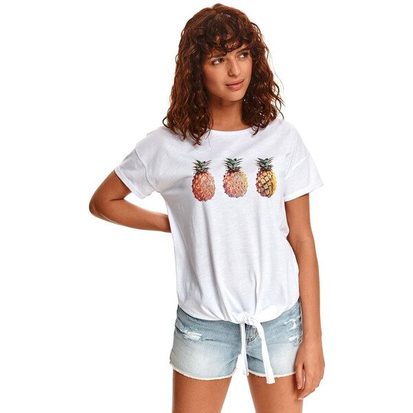 Top Secret T-shirt damski z nadrukiem w ananasy i wiązaniem w pasie SPO5158